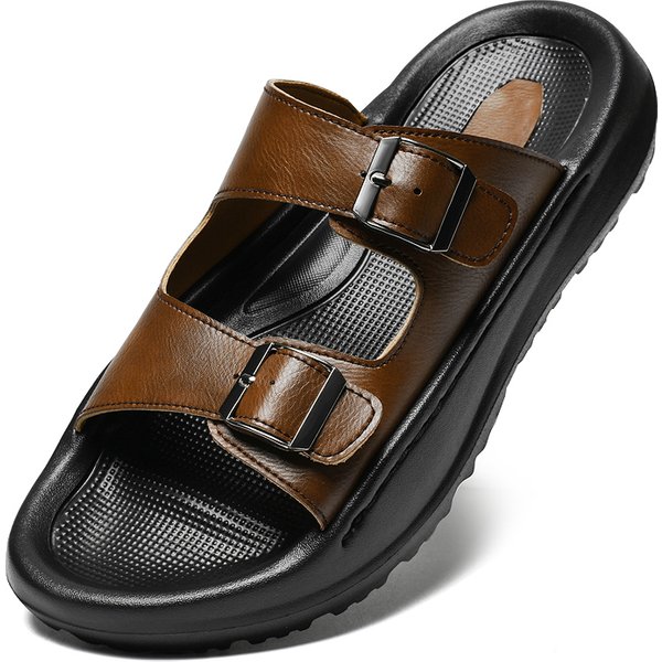 Herren-Slip-On-Sandalen, Leder-Hausschuhe mit doppelter Schnalle, weicher Komfort, Sommer-Slipper, Freizeitschuhe, dicke Sohlen, 3 cm