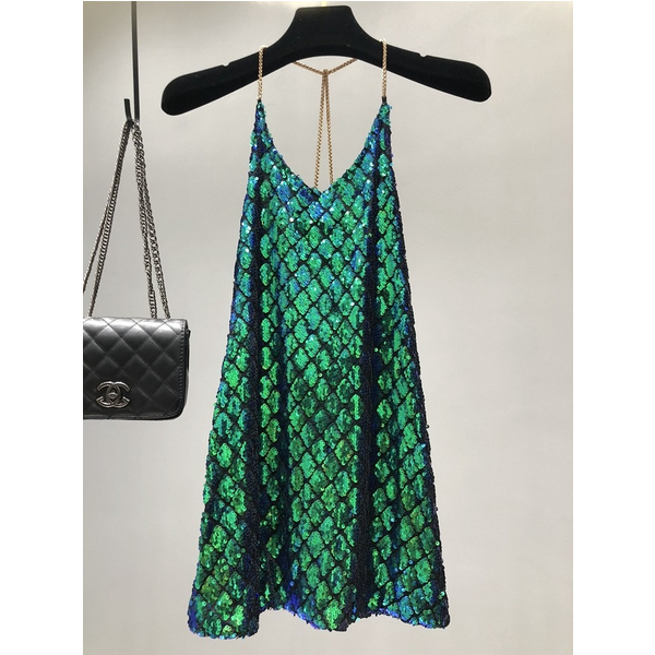 Robe dos nu à paillettes avec bretelles initiées, robe de soirée sexy, jupe de vacances, col en métal, boîte de nuit, été, 2020