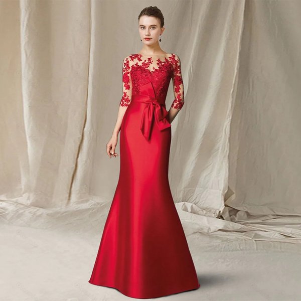 Robes mère De mariée personnalisées trois quarts rouges pour femmes, Robe De soirée De mariage sirène en Satin De haute qualité avec dentelle