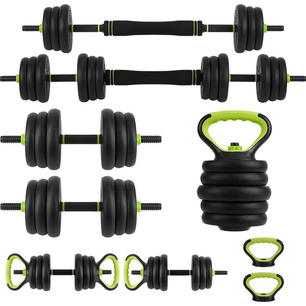 4-in-1 verstellbares Hantelset, 44 LB, verwandelt sich in Langhantel, Kettlebell und Liegestützgriffe – kompaktes Krafttrainingsgerät mit rutschfestem Griff und leisen, gummierten achteckigen Platten