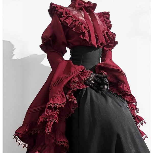 Damen Mittelalterliches Vintage Gothic Rüschen-Bluse mit Glockenärmeln und Hochgeschnittener Langer Rock Halloween-Party-Kostüm-Set