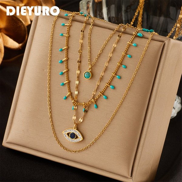 DIEYURO 316L Edelstahl Schmuck Multilayer Grün Stein Auge Halsketten Für Frauen Vintage Colliers Party Geschenk Zubehör