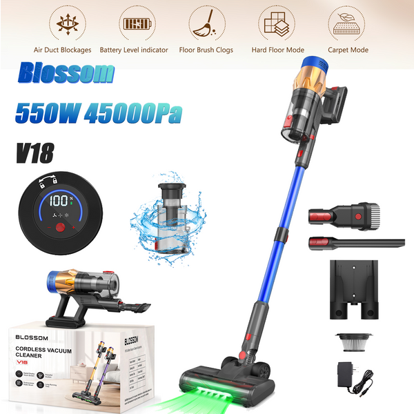 Blossom V18 Akku-Staubsauger 600W 50KPa Starke Saugleistung, 65 Min Laufzeit, Abnehmbare Batterie, Intelligentes Touchdisplay, Freistehend, Wandladegerät, HEPA-Filter für Tierhaare Teppiche Böden