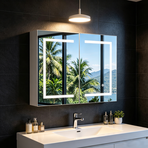 Fangange LED Bathroom Mirror Cabinet, Stainless Steel Wall Mounted Anti-Fog Vanity Cabinet, Touch Control Dimmable 3 Color Temperature, Double Door with Adjustable Glass Shelves