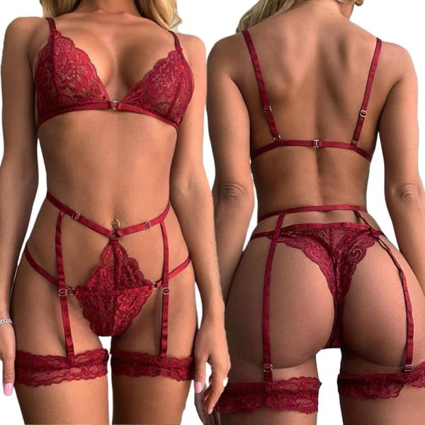 Sexy BH, Höschen und Strumpfbänder, Dessous, sexuelles Outfit, heiß, transparent, weinrot, Spitze, exotische Damenunterwäsche, BH-Set, erotische Kostüme