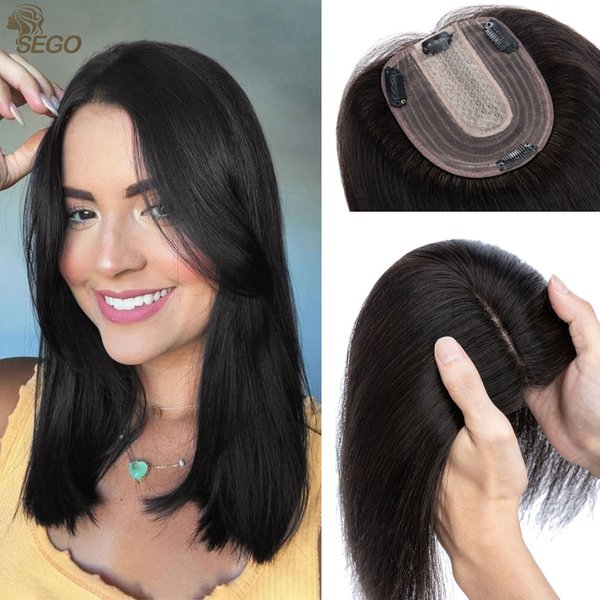 SEGO 10x12 cm Base en soie 2.5x9 cm Toppers de cheveux 100% pièces de cheveux humains pour les femmes postiche 4 Clips dans les Extensions de cheveux