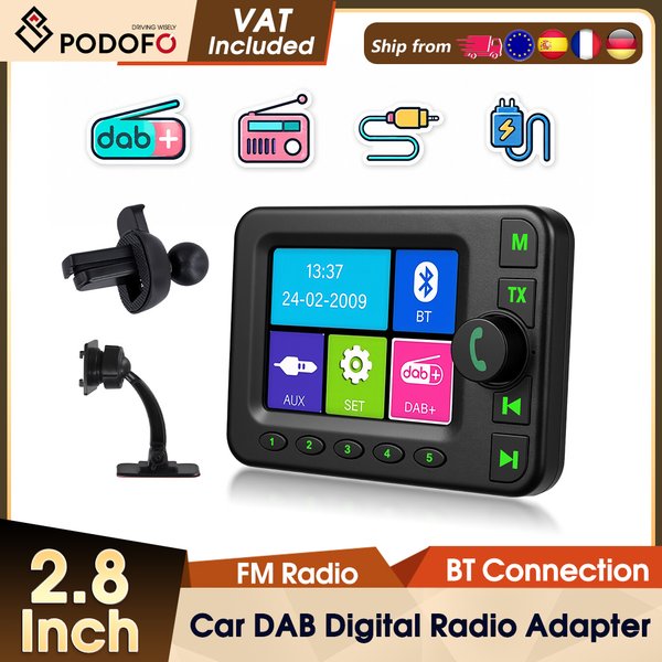 Podofo Auto DAB-Radio 2,8'' LCD-Display Digitalradio-Signalantenne Rundfunkadapter AUX FM-Sender BT-Musik
