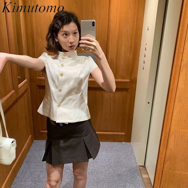 Kimutomo Damenhemden, Vintage-Stil, Umlegekragen, kurze Ärmel, einreihig, elegante Bluse, weiblich, Y2k-Ästhetik, Harajuku