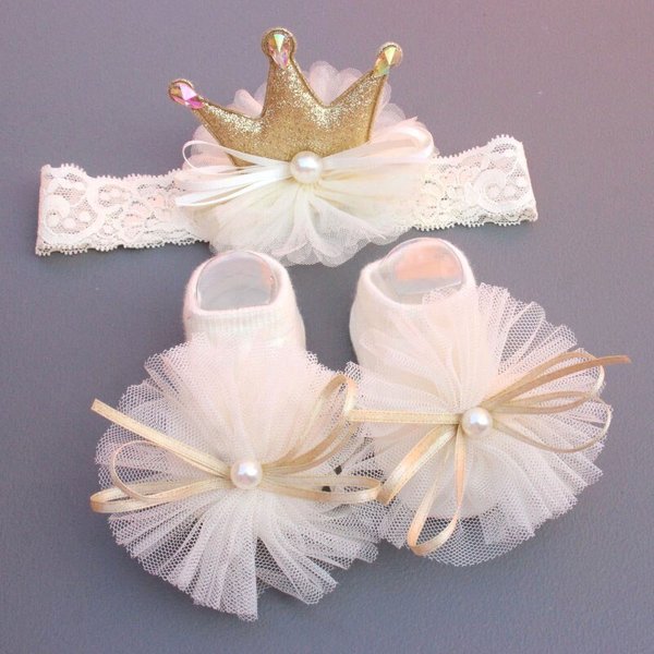 2 teile/satz krone baby stirnband socken spitze schleifen neugeborenes mädchen socken haarband set kinder haar accessoires