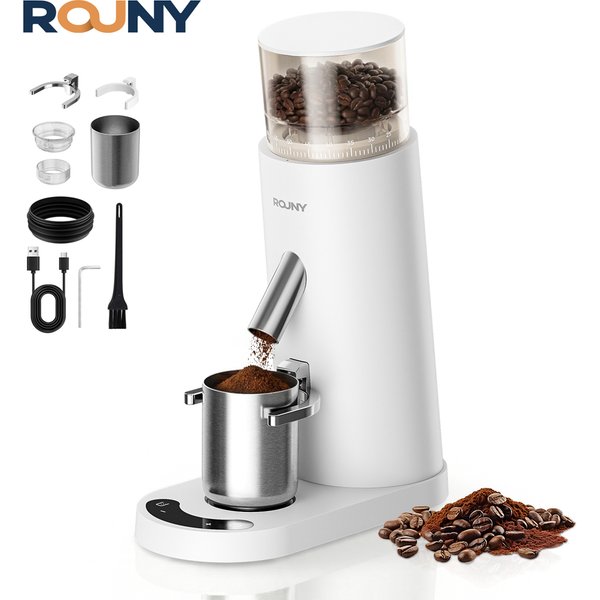 ROUNY Kabellose Kaffeemühle Elektrisch mit 60 Mahlgradstufen, USB-C Aufladbar, LED-Touchsteuerung, Niedrigtemperatur-Mahlung, Weiß