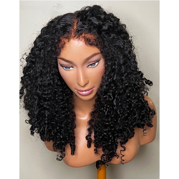 Perruque Lace Front Wig bouclée et crépue sans colle, 26 pouces, noire naturelle, densité 180, cheveux de bébé, pre-plucked, résistant à la chaleur, quotidien, pour femmes