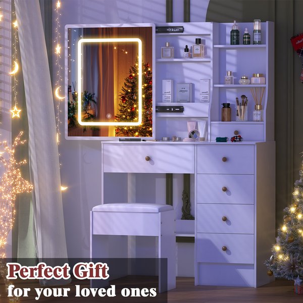 Teousev White Makeup Vanity Dressing Table Set With LED Light Mirror Stool Multi Drawers Storage For Bedroom