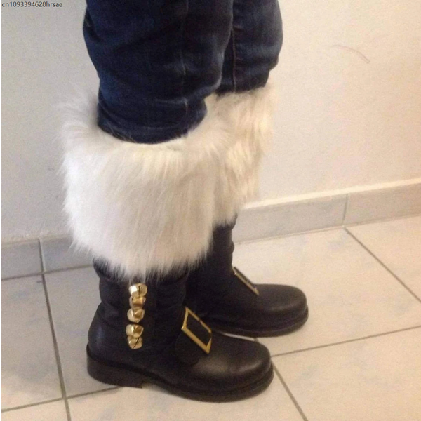 Bottes de père noël pour hommes, bottes de Combat à mollet large avec poignets en peluche blancs, cloches de pied pour accessoires de Costume