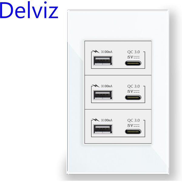 Delviz Brasilianische Standard-Wandsteckdose, Weiß / Schwarz Gehärtete Kristallglasplatte 120mm*72mm, 18W 3A Typ-C USB-Schnellladeanschluss