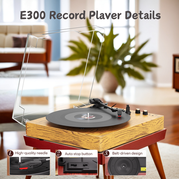 Maio E300 Riemengetriebenes Vintage-Grammophon, Schallplattenspieler, High-Fidelity-Stereo, Eingebauter Lautsprecher, 3 Geschwindigkeiten
