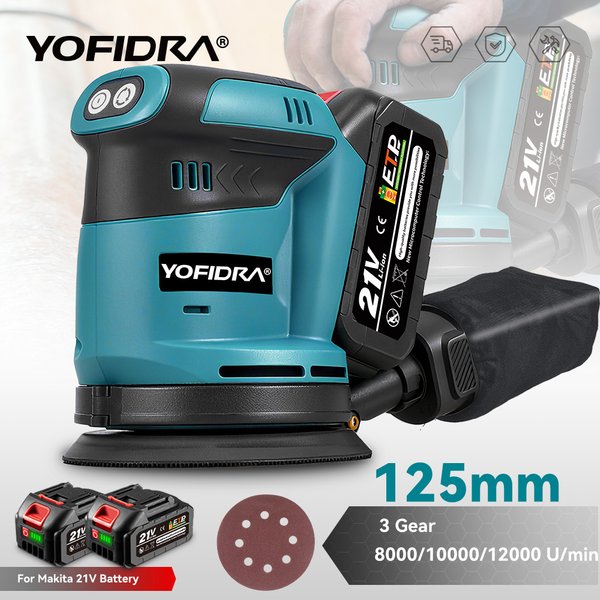 YOFIDRA 125 mm 3-Gang-Exzenterschleifer, Holzmühle, Polieren, Schleifen, Schleifmaschine für 21 V 18 V Akku-Werkzeug