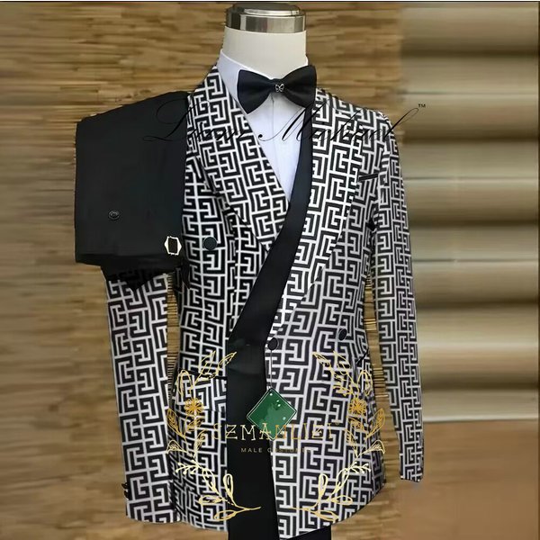 Luxuriöser karierter zweireihiger Herrenanzug, maßgeschneidert, schmale Passform, spitzes Revers, Bräutigam, Hochzeit, Smoking, männlicher Abschlussball, Blazer, 2-teiliges Set