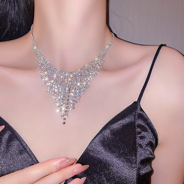 Sexy Crystal Tassel Necklace For Women Shiny Geometric Rhinestone Chain Choker Necklac Dress Nightclub Jazz Dance Jewelry A