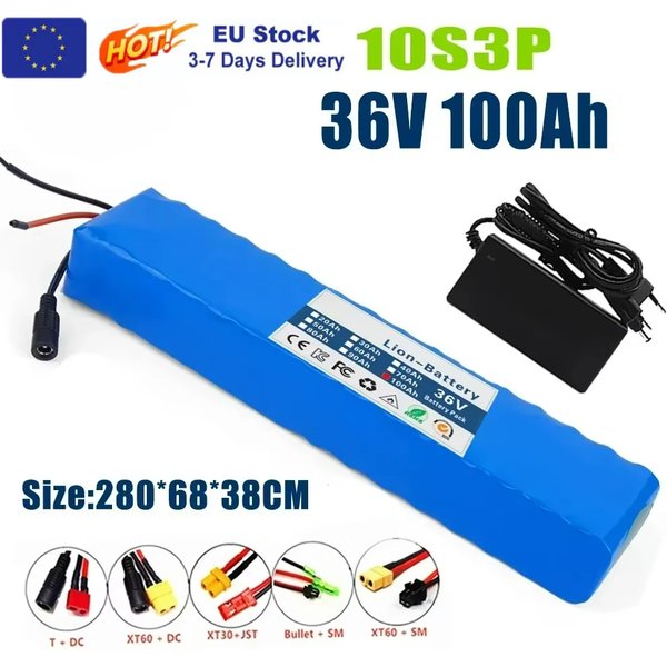 36V 100Ah Lithium-Ionen-Akku 10S3P 18650 mit BMS 1000W Elektrofahrrad-Akku 42V Ladegerät für E-Bike Fahrrad Roller Motorfahrzeug