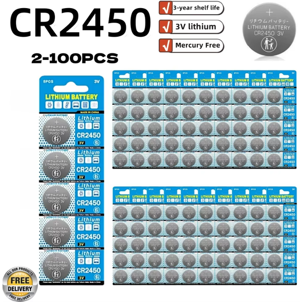 2–100 Stück CR2450 BR2450 3 V Lithium-Knopfbatterie, 600 mAh, Uhrenbatterie (auch passend für: 5029LC, LM2450, DL2450, CR2450N-Knopfbatterien)