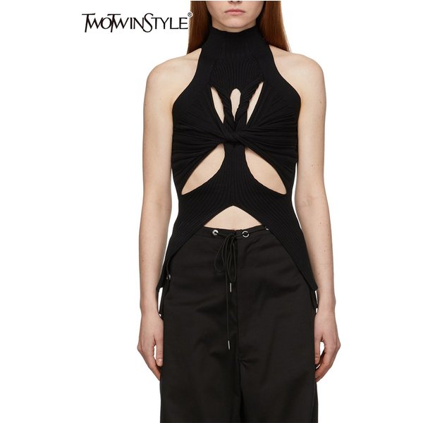 TWOTWINSTYLE – débardeur en tricot ajouré pour femmes, col roulé, sans manches, épaules dénudées, gilets Slim, vêtements à la mode