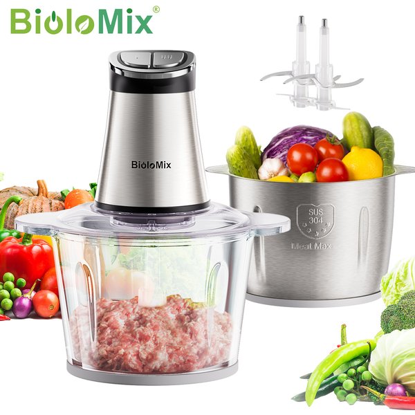 BioloMix Mini-Elektrozerkleinerer, 300 W, verfügt über 2 Schüsseln und 4 Klingen, perfekt für die Zubereitung von Babynahrung, Fleisch und Zwiebeln