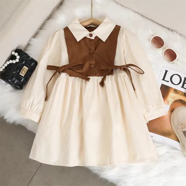 Bear Leader Mädchenkleid Frühling und Herbst Neue Mode Polo Kragen Panel Schnürung Langarm Kleid Kinder Freizeitkleidung