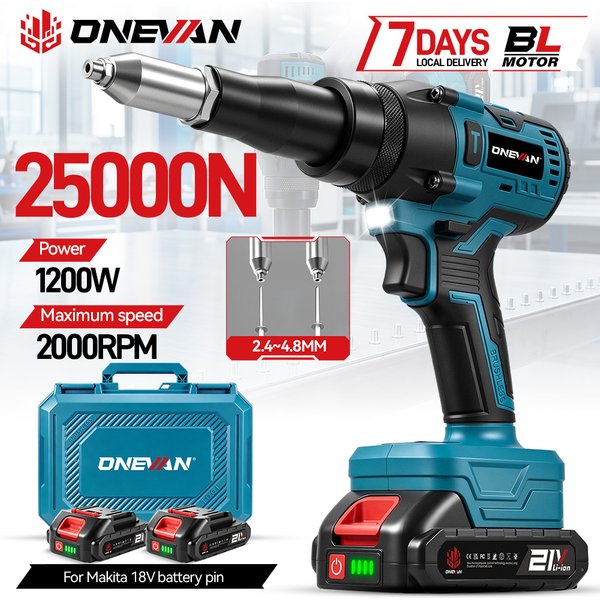 ONEVAN 588N.M 25000N Pistolet à riveter électrique sans balais sans fil, compatible avec rivets de 2,4 à 4,8 mm, outil de réparation pour l'industrie de la puissance et du perçage, compatible avec