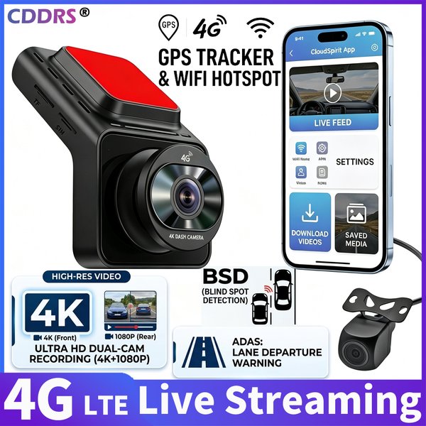 Kamera samochodowa 4G UHD 4K 2160P+1080P z podwójną kamerą, ADAS, BSD, WiFi, GPS, zdalnym podglądem na żywo, nagrywaniem w pętli i 24-godzinnym monitoringiem parkowania.