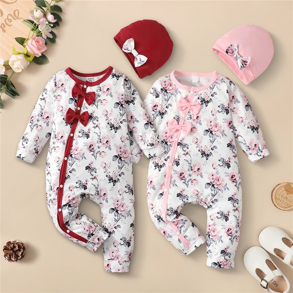 Barboteuse pour nouveau-né fille de 0 à 18 mois, vêtements à manches longues, body à fleurs, joli combinaison de printemps avec chapeau