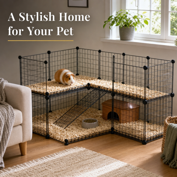 Parc pour animaux de compagnie, cage pour petits animaux 146x73x73cm, modulaire 2 niveaux, 36 panneaux, bords arrondis, fil d'acier noir, intérieur/extérieur