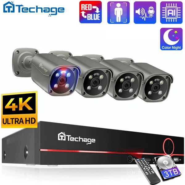 Techage 4K 5MP 8MP système de caméra de Surveillance H.265 8CH POE NVR Kit détection humaine alarme de lumière rouge-bleu CCTV P2P vidéo Audio