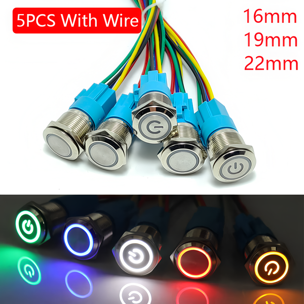 5 szt. Metalowy Przycisk Włącznik 16mm 19mm 22mm z Pierścieniową Lampką, Symbolem Zasilania, Podświetleniem LED 6V 12V 24V 220V, Samozatrzaskujący, Resetowalny, z Złączką