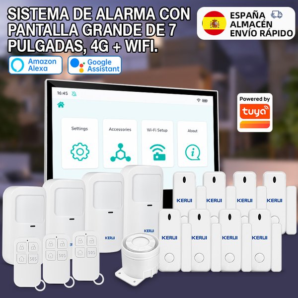 Système d'alarme ES Delivery Kerui avec grand écran tactile de 7 pouces, 4G+WiFi, alarme domestique ASK/FSK 433MHZ, antivol, compatible avec Tuya G70