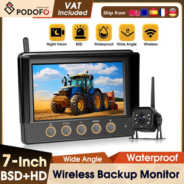 Podofo Kabelloser Auto-Monitor mit 720P Rückfahrkamera, Auto-Backup, IP68 Wasserdicht, BSD Manueller Fokus, Punkt-Warnung für Auto und LKW