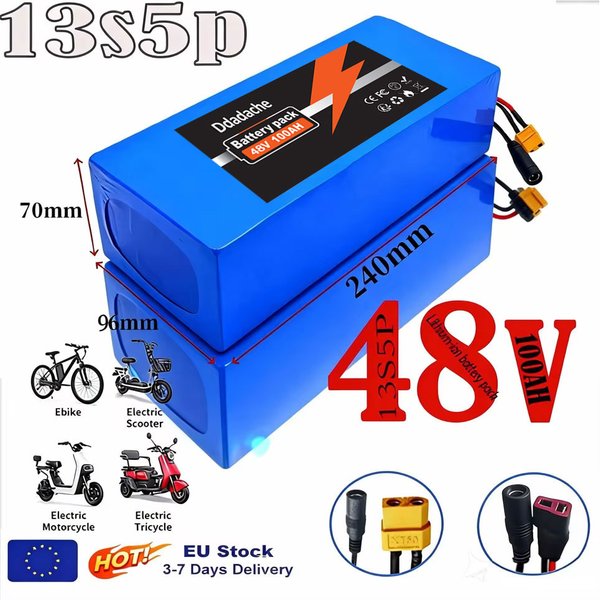 48V 13S5P 100Ah 18650 Lithium-Akku, wiederaufladbarer Akku, integriertes intelligentes BMS für 1500W elektrische Maschinen + Ladegerät
