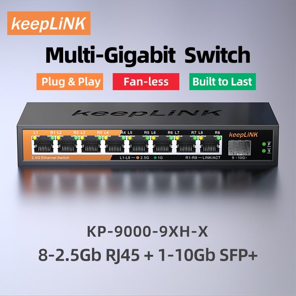 KeepLiNK 9-Port-Multi-Gigabit-Netzwerk-Switch mit 8-Port 2,5 GB Ethernet-Kupfer und 2–10 GB SFP+ Uplink