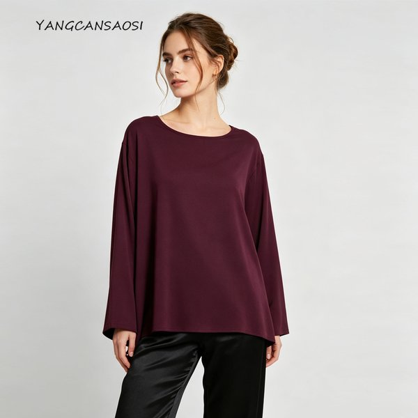 Plus Size Women's Casual Early Autumn New 92% Natural Mulberry Silk Elastic Double Qiao Satin Round Neck Long Sleeved T-shirt