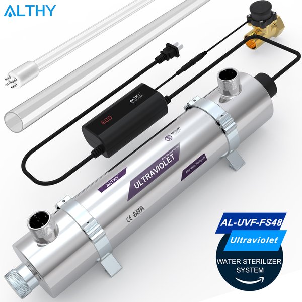 ALTHY UV-UV-Wassersterilisatorsystem für das ganze Haus, Filterreiniger + intelligenter Durchflusskontrollschalter, Edelstahl, 12 GPM
