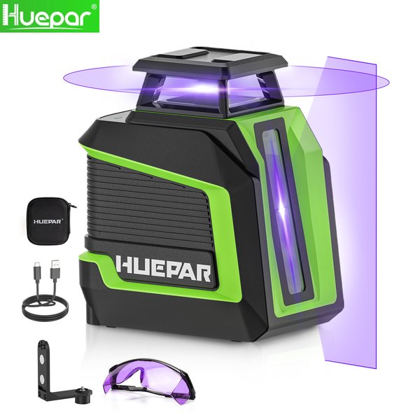 Niveau laser violet HUEPAR auto-nivelant multi-lignes 360 ° Ligne transversale avec mode pouls, luminosité 3, base magnétique pour la construction