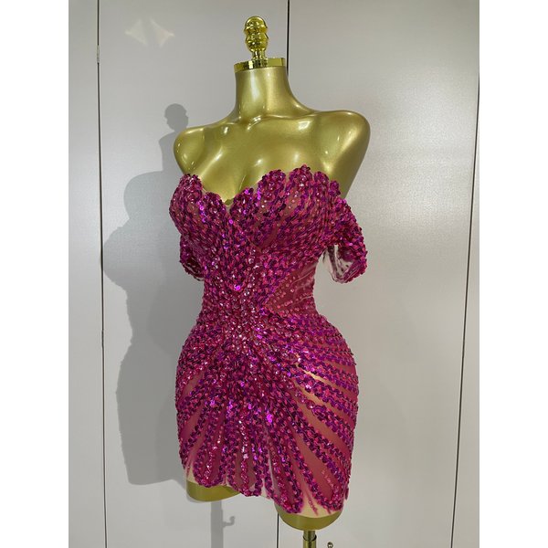 Women Sparkly Rhinestones Sequins Birthday Party Nightclub Dancer Stage PhotoShoot Costume Sexy Off The Shoulder Mesh Mini Dress