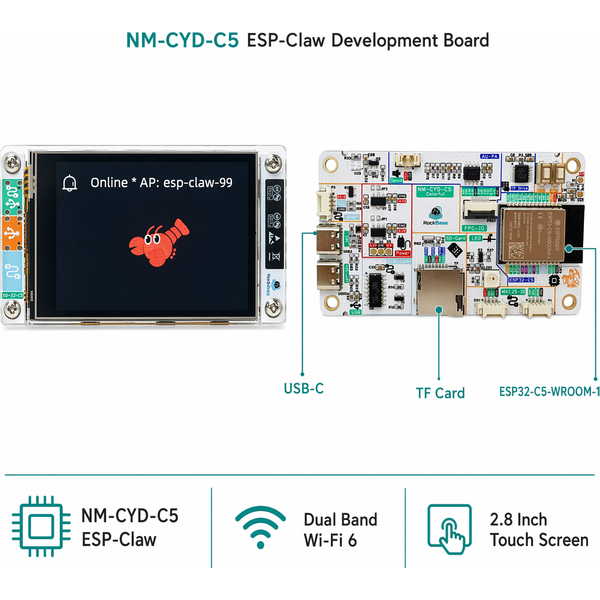 NM-CYD-C5 KI-Agenten-Board für IoT-Geräte mit 2,8-Zoll-Bildschirm, Dual-Band-WLAN, ESP32-C5, kompatibel mit GPT Claude DeepSeek
