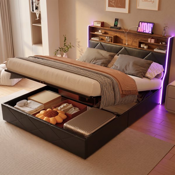 Lit double Comanlai 140x200 cm, cadre de lit rembourré en PU noir avec système de levage hydraulique, tête de lit avec rangement et sommier à lattes en bois, charge maximale 350 kg, matelas non