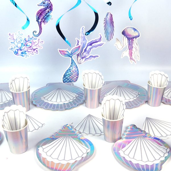 Ensemble de vaisselle jetable pour fête d'anniversaire sirène, serviettes, assiettes, tasses sous la mer, fournitures de fête prénatale pour fille