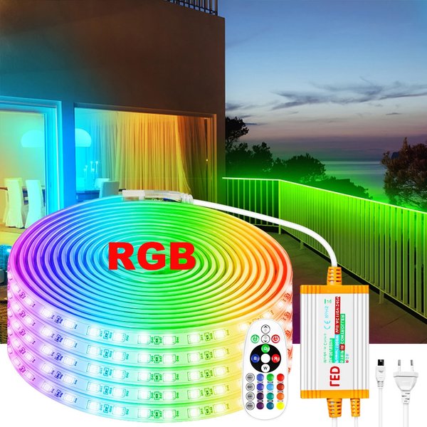 Bande lumineuse LED RGB 220V 5050, 1m, 15m, 30m, 50m, étanche, flexible, avec prise d'alimentation EU 1500W, pour éclairage et décoration domestique