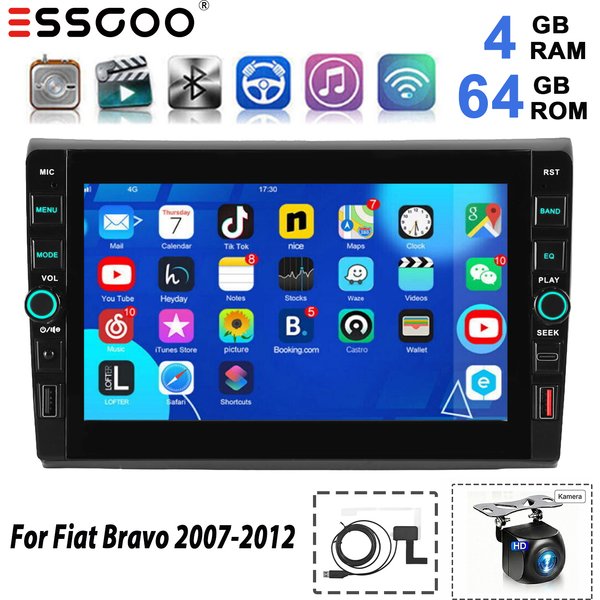 ESSGOO 4+64G Kamera Kabelloses CarPlay Android Auto Autoradio für Fiat Bravo 2007 2008-2012 GPS DAB Android 15 NAVI WIFI RDS SWC 2USB