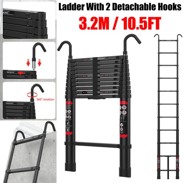 3.2M Telescopic Ladder with Hook, 10.5FT Aluminium Telescopic Ladder, 82cm to 320cm Foldable Extension Ladder for Attics, 11 Steps Multi-purpose Ladder with Locking Mechanism, 150 kg Load Capacity,