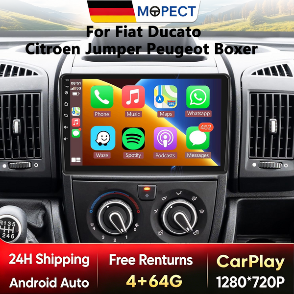 Autoradio Android CarPlay MOPECT 4+128G pour Fiat Ducato 2005 - 2023 Citroën Jumper Peugeot Boxer, lecteur multimédia sans fil CarPlay Android Auto, BT DAB+ DVR Caméra