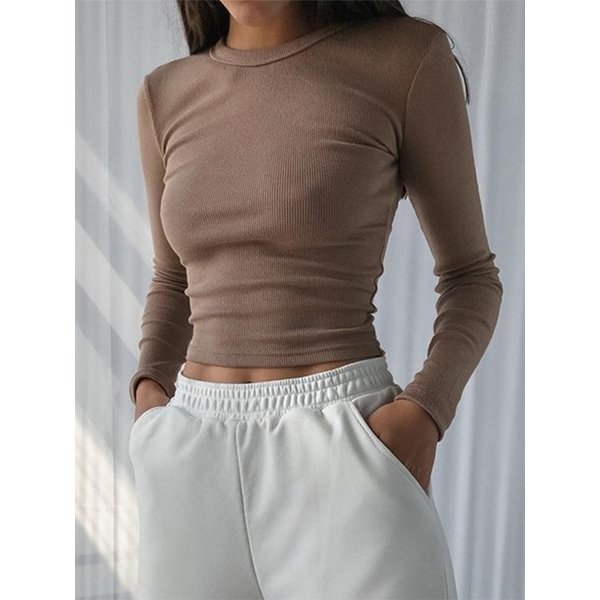 O Neck Long Sleeve Shirt Women Ribbed Sexy Cropped Tops 2022 Spring Black Casual Skinny Slim Basic Woman T Shirts White