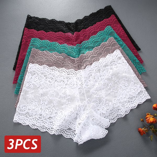 3 pièces femmes dentelle florale culottes Sexy Perspective sous-vêtements taille en V couleur unie caleçons femme respirant intimes Lingerie